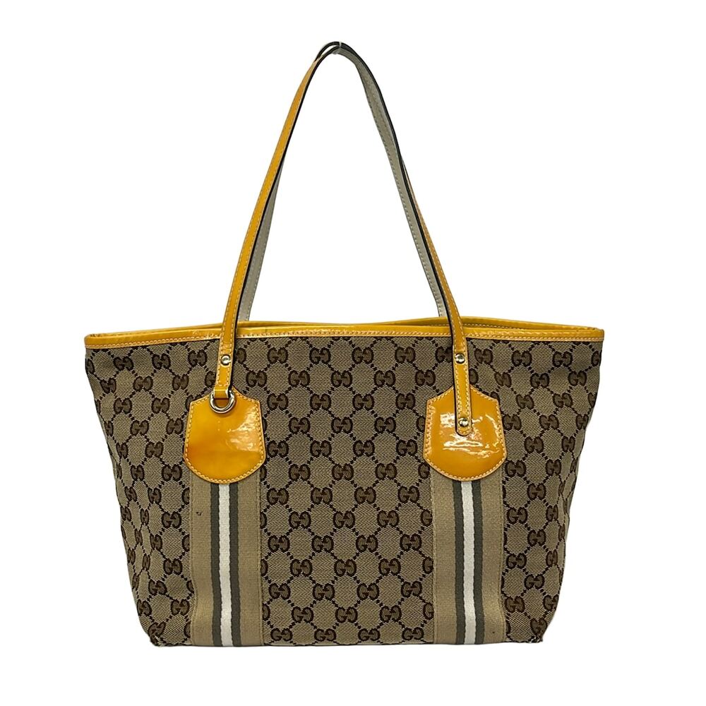 Gucci Tote Bag 211971 Beige Dark Brown Multi Jacquard Patent Leather